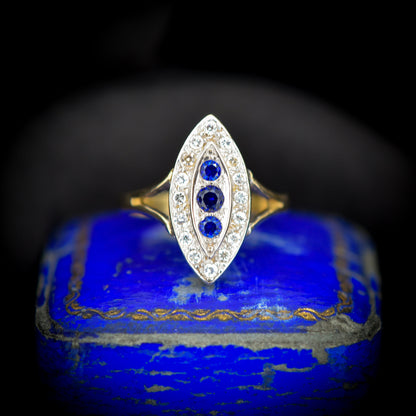 Vintage Blue Spinel Navette Cluster Gold Ring