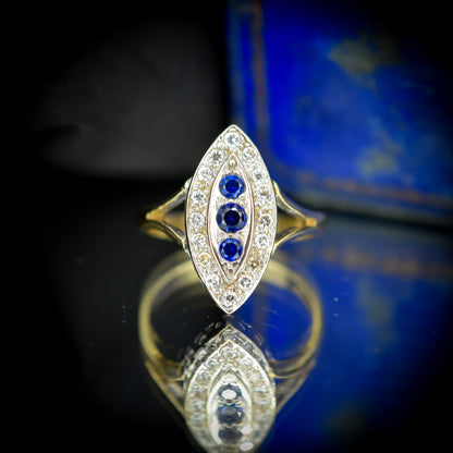 Vintage Blue Spinel Navette Cluster Gold Ring