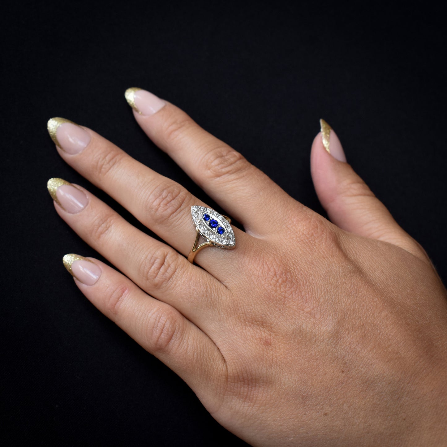 Vintage Blue Spinel Navette Cluster Gold Ring