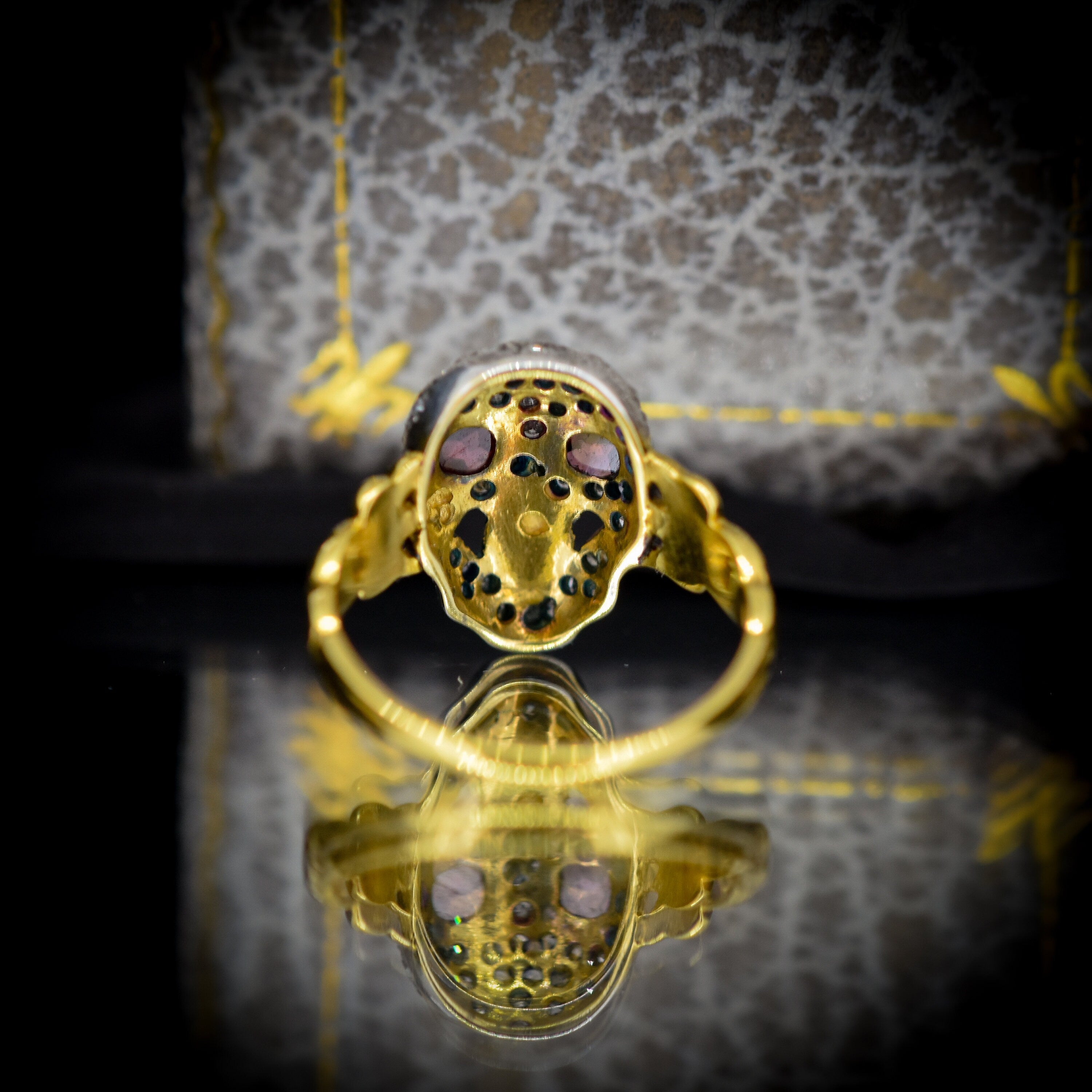 Diamond and Garnet Skull 18ct Yellow Gold and Silver Ring 