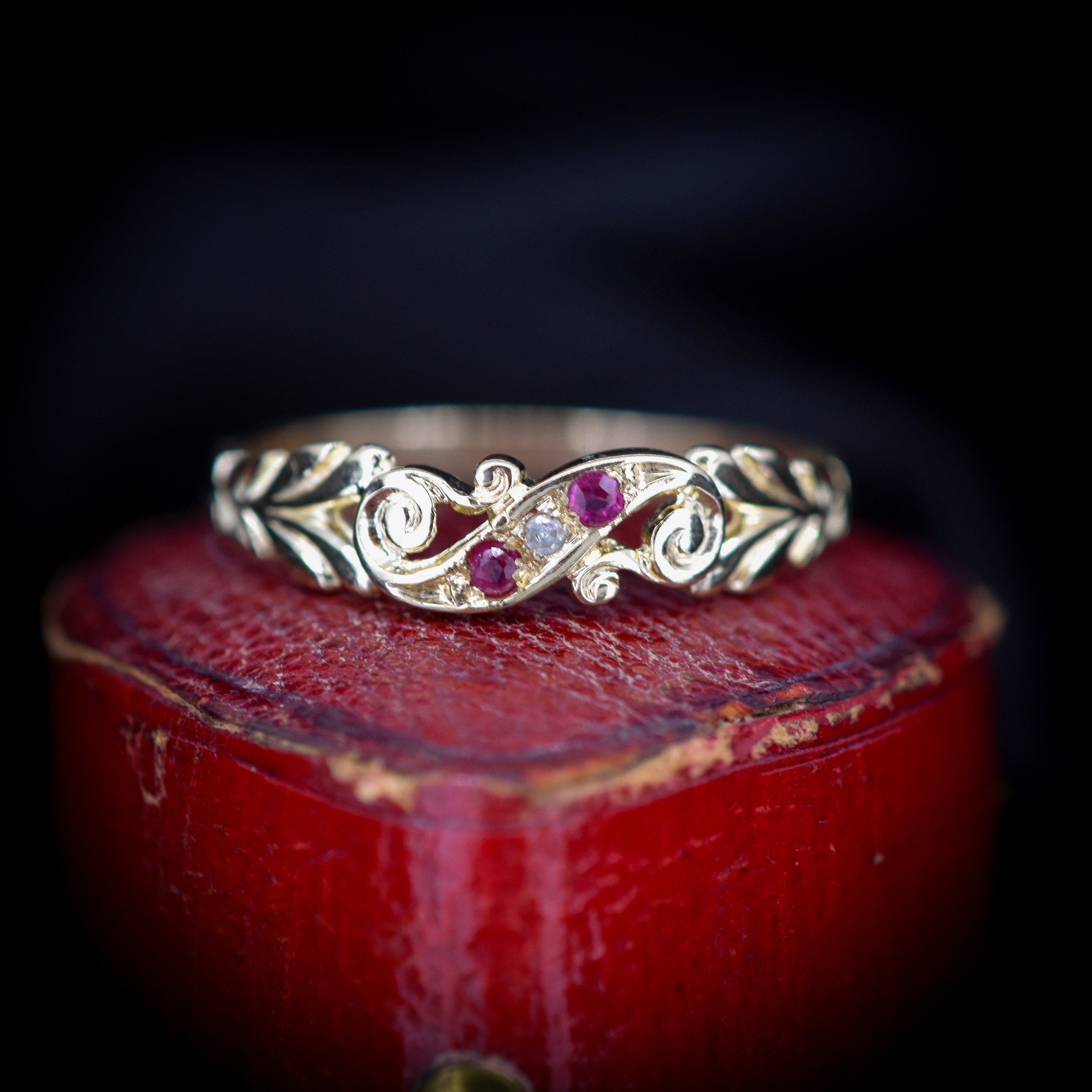 Antique Victorian Style Diamond and Ruby Yellow Gold Scroll Ring