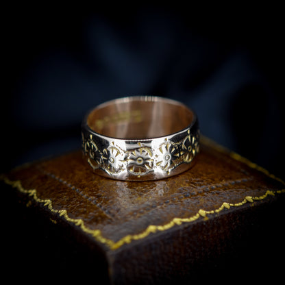 Antique Engraved Patterned Gold Wide Wedding Band Ring | Chester 1900