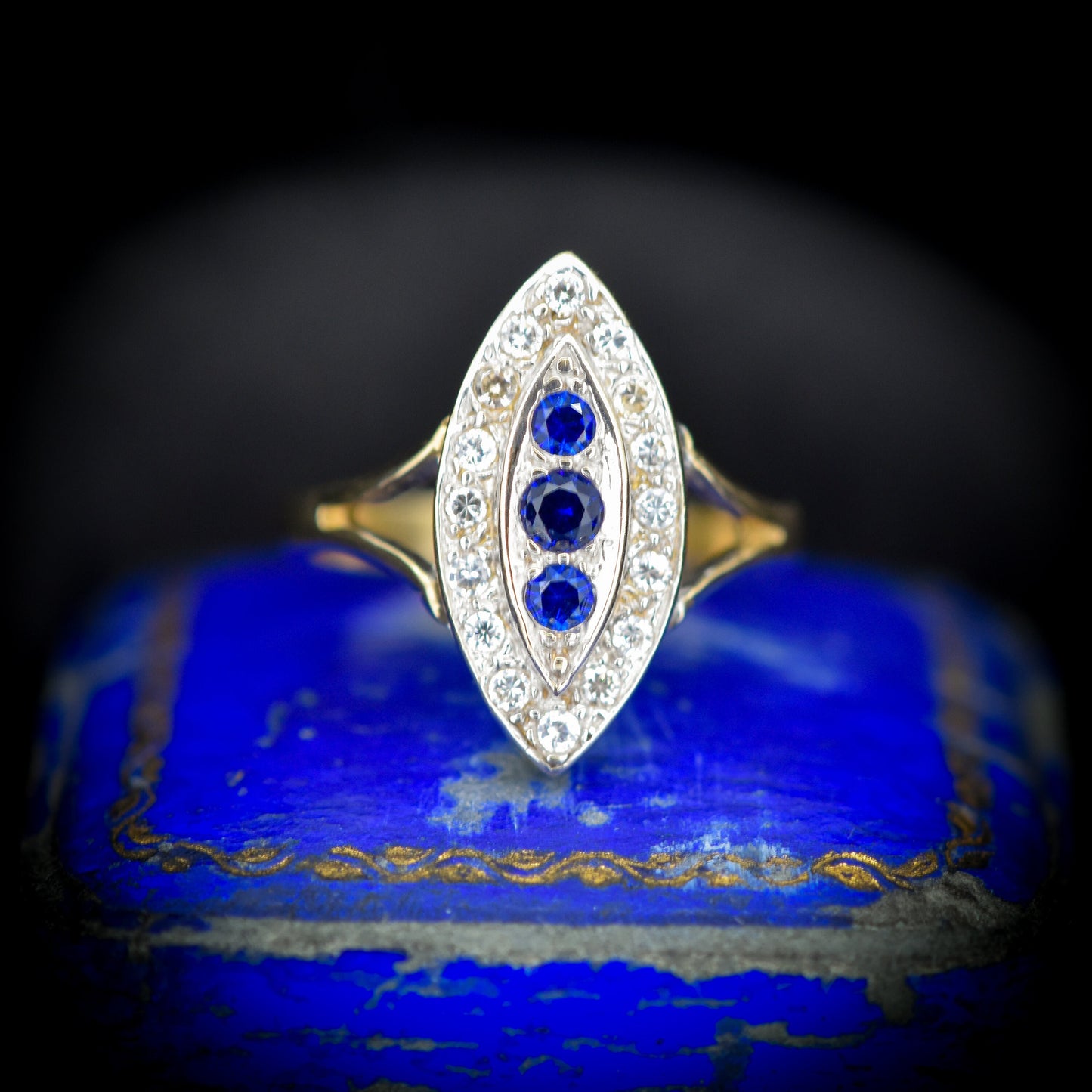 Vintage Blue Spinel Navette Cluster Gold Ring