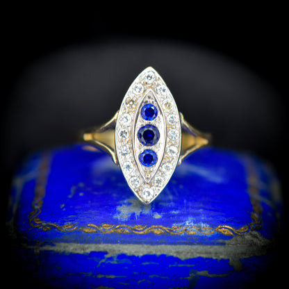 Vintage Blue Spinel Navette Cluster Gold Ring