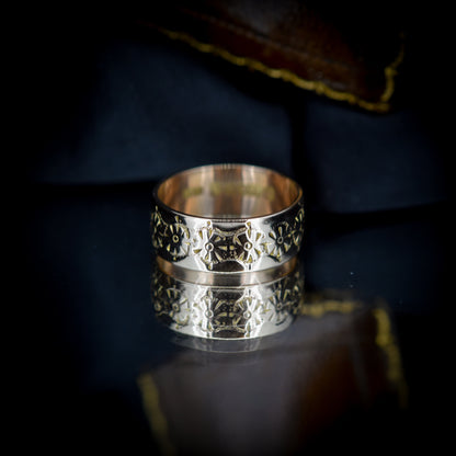 Antique Engraved Patterned Gold Wide Wedding Band Ring | Chester 1900