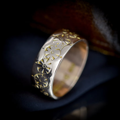 Antique Engraved Patterned Gold Wide Wedding Band Ring | Chester 1900