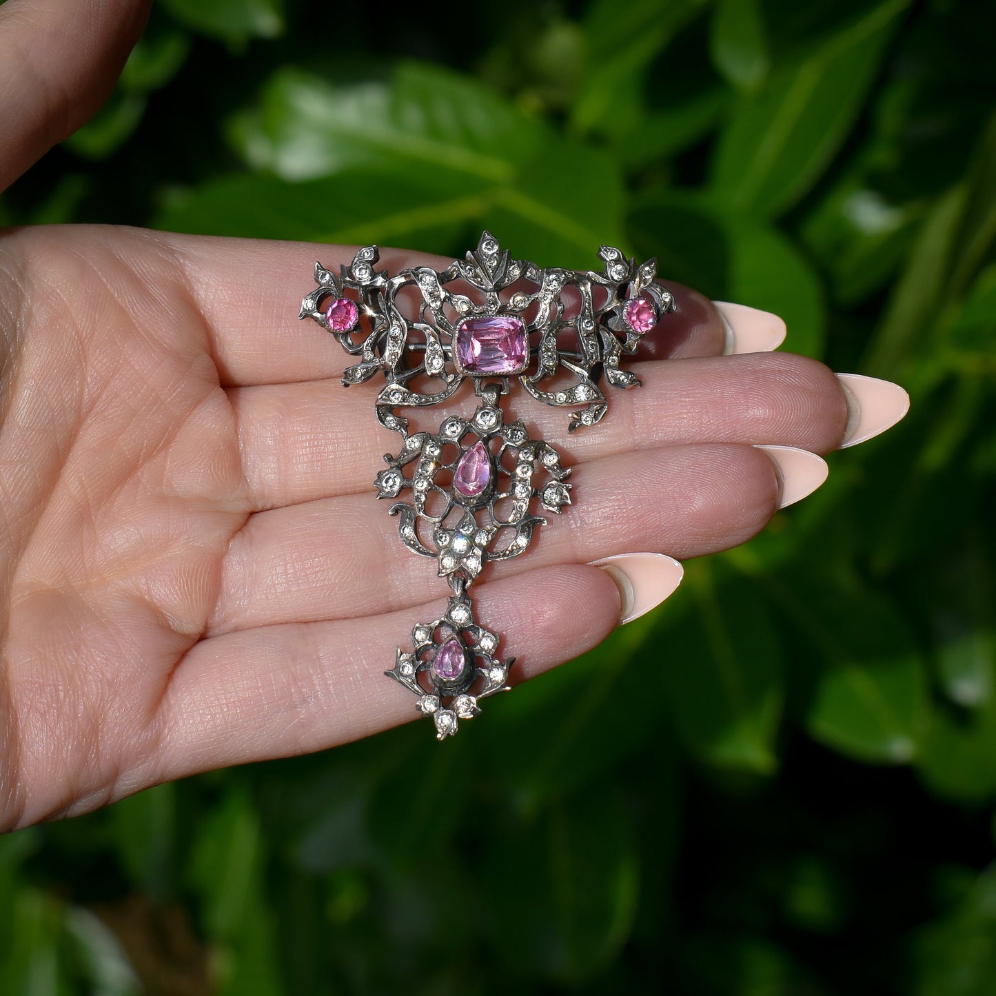 Antique Victorian Foiled Pink Paste Silver Large Brooch Pin Pendant | Boxed