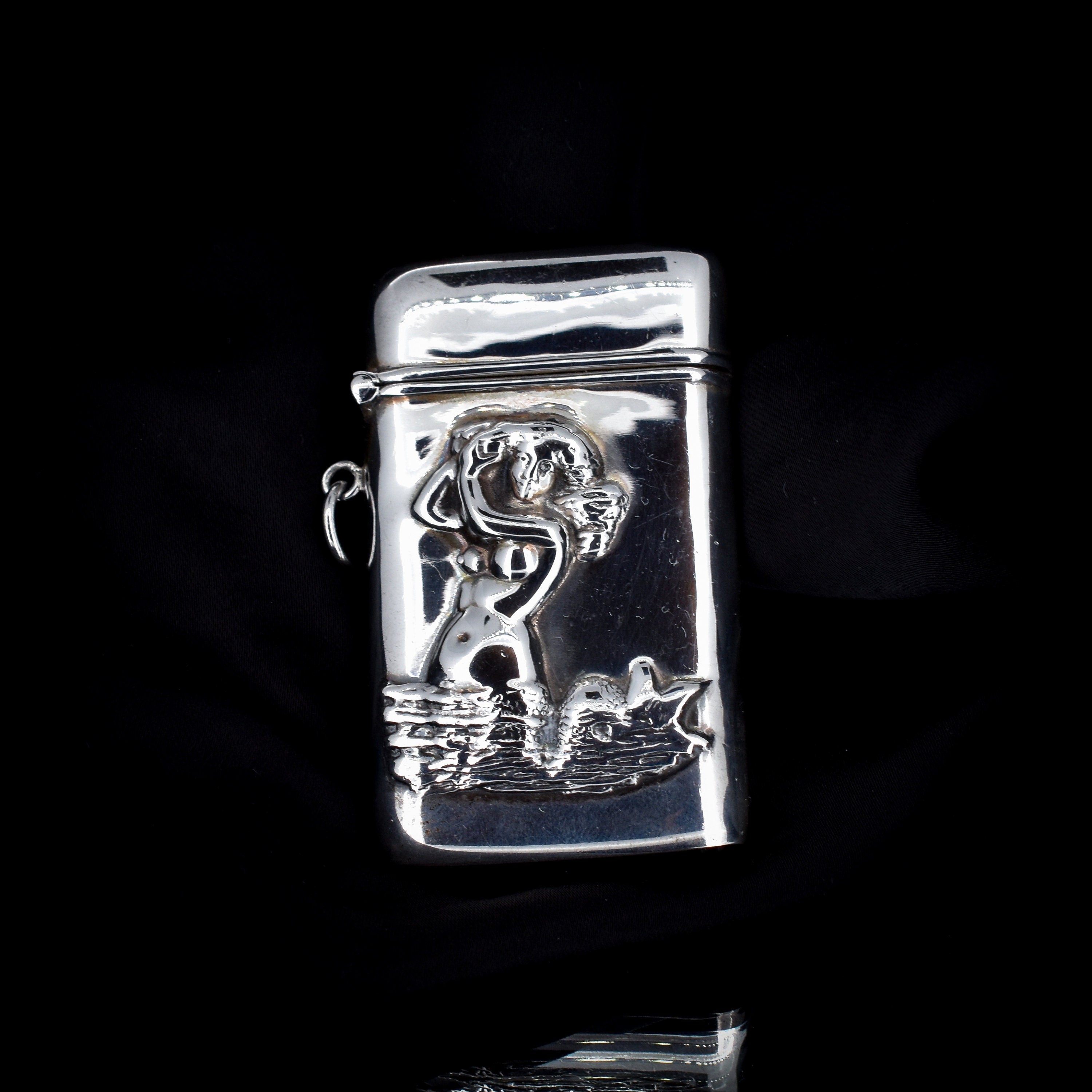 Vintage Mermaid Repousse Sterling Silver Vesta Match Case