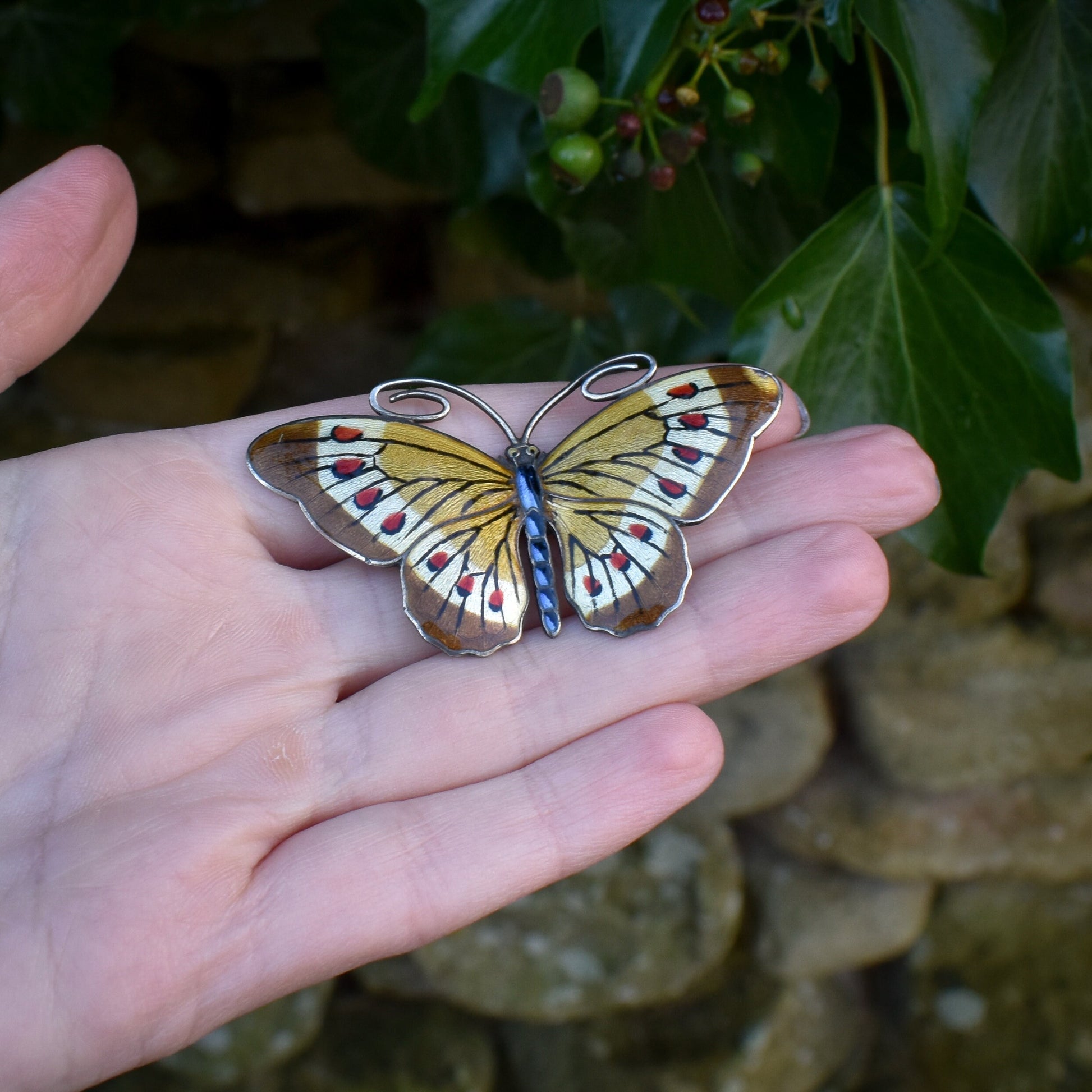 Boxed Vintage Norwegian Enamel Sterling Silver Butterfly Insect Brooch Pin