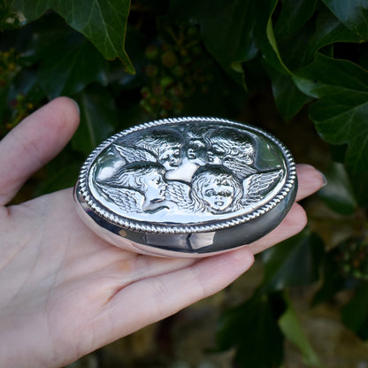 Antique Edwardian 1901 Hallmarked Angel Cherubs Oval Silver Jewellery Box