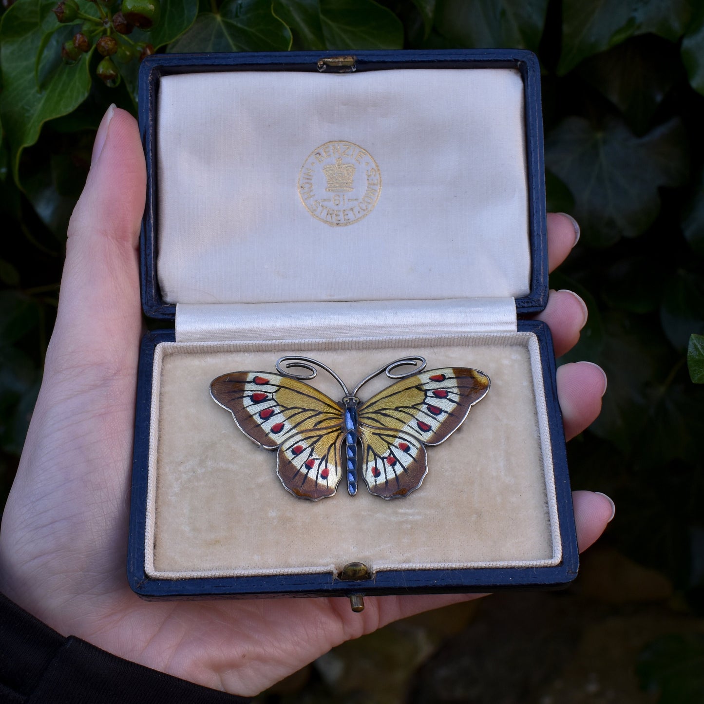 Boxed Vintage Norwegian Enamel Sterling Silver Butterfly Insect Brooch Pin