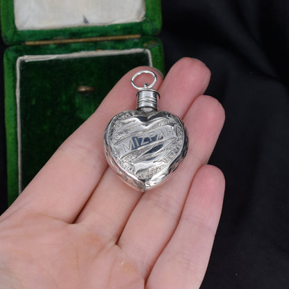 Antique Victorian Silver Mizpah Heart Perfume Scent Bottle