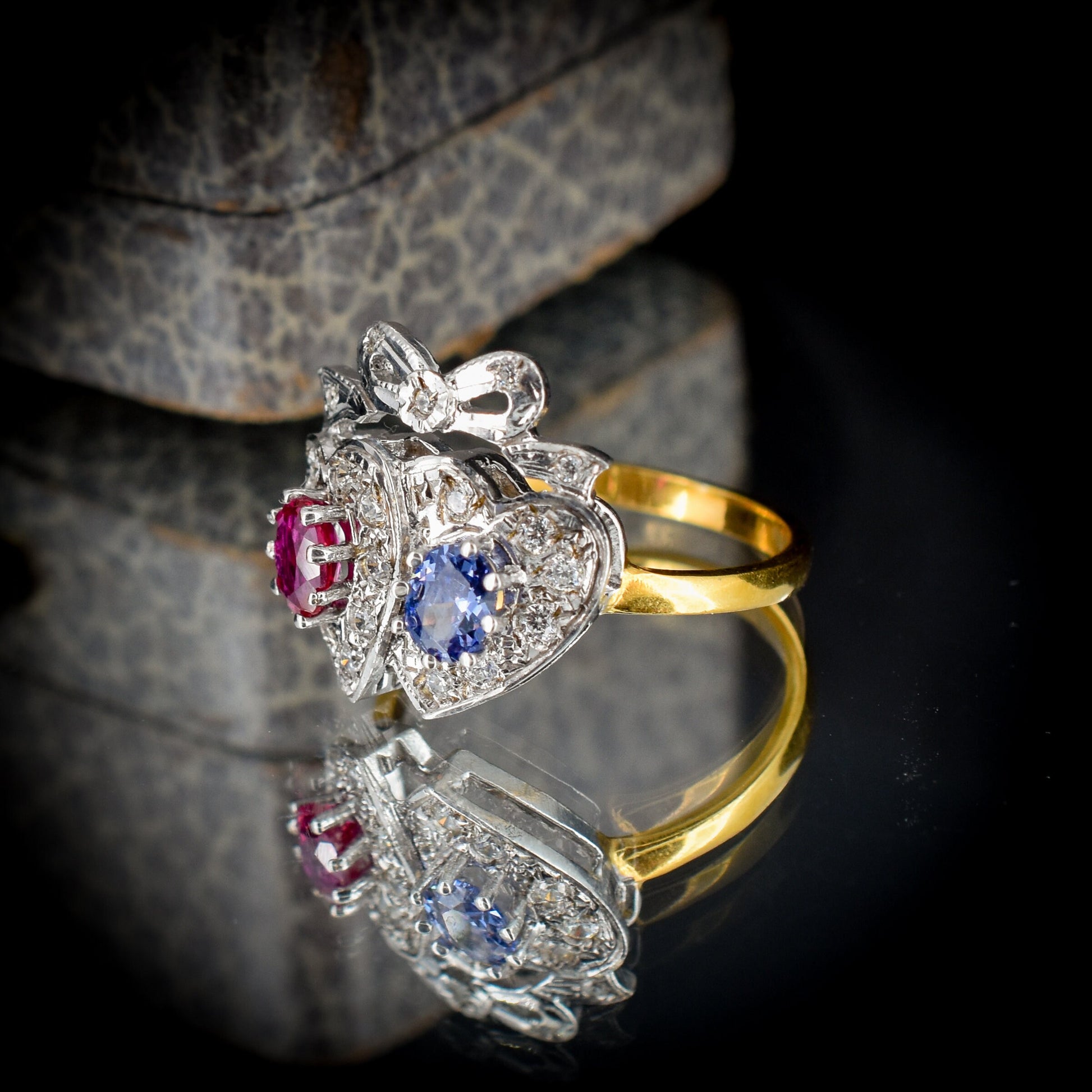 Synthetic Ruby and Sapphire Twin Double Crowned Heart 18ct Gold on Silver Ring