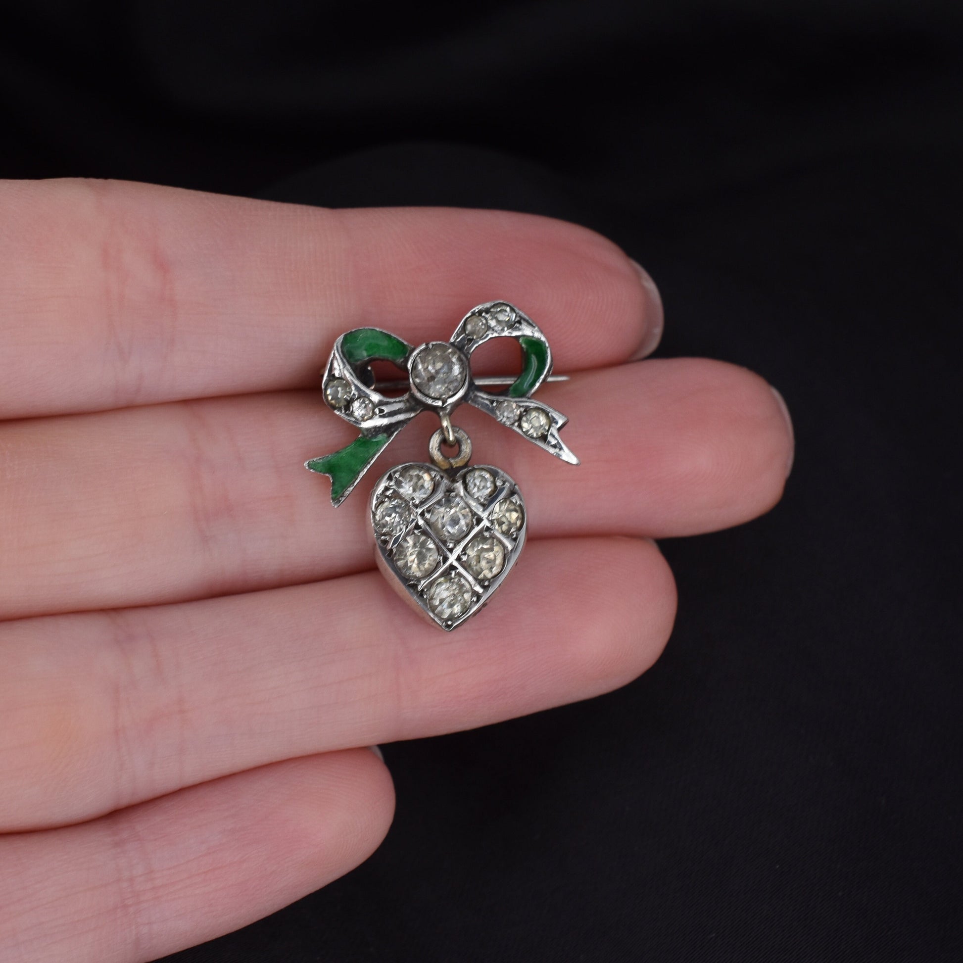 Antique Edwardian Enamel and Paste Silver Heart and Bow Brooch Pin | Dated 1903