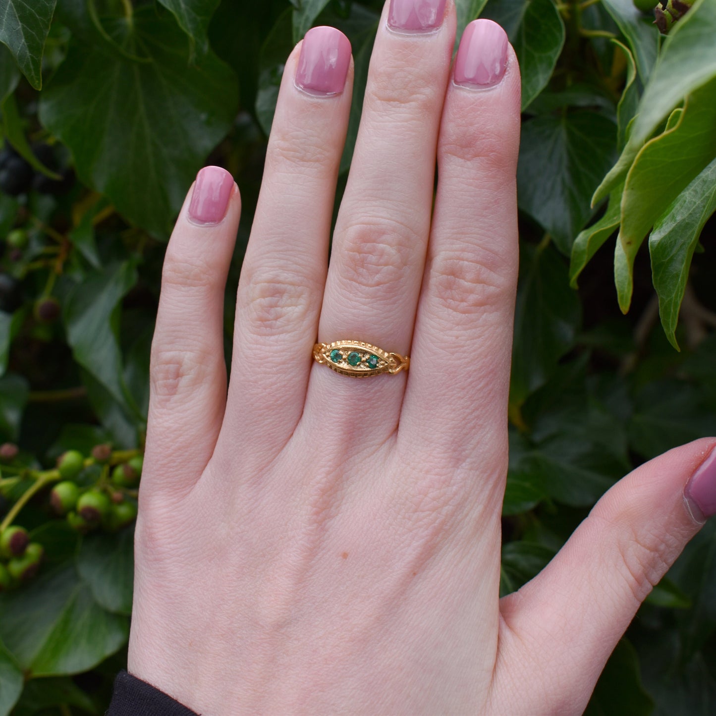 Emerald Trilogy Three Stone 18ct Yellow Gold on Silver Gypsy Ring - Antique Style