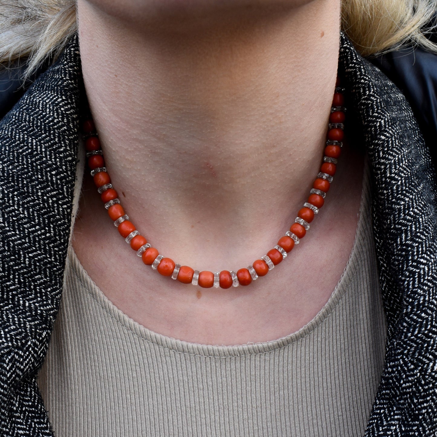 Antique Natural Coral and Rock Crystal Short Beaded Necklace