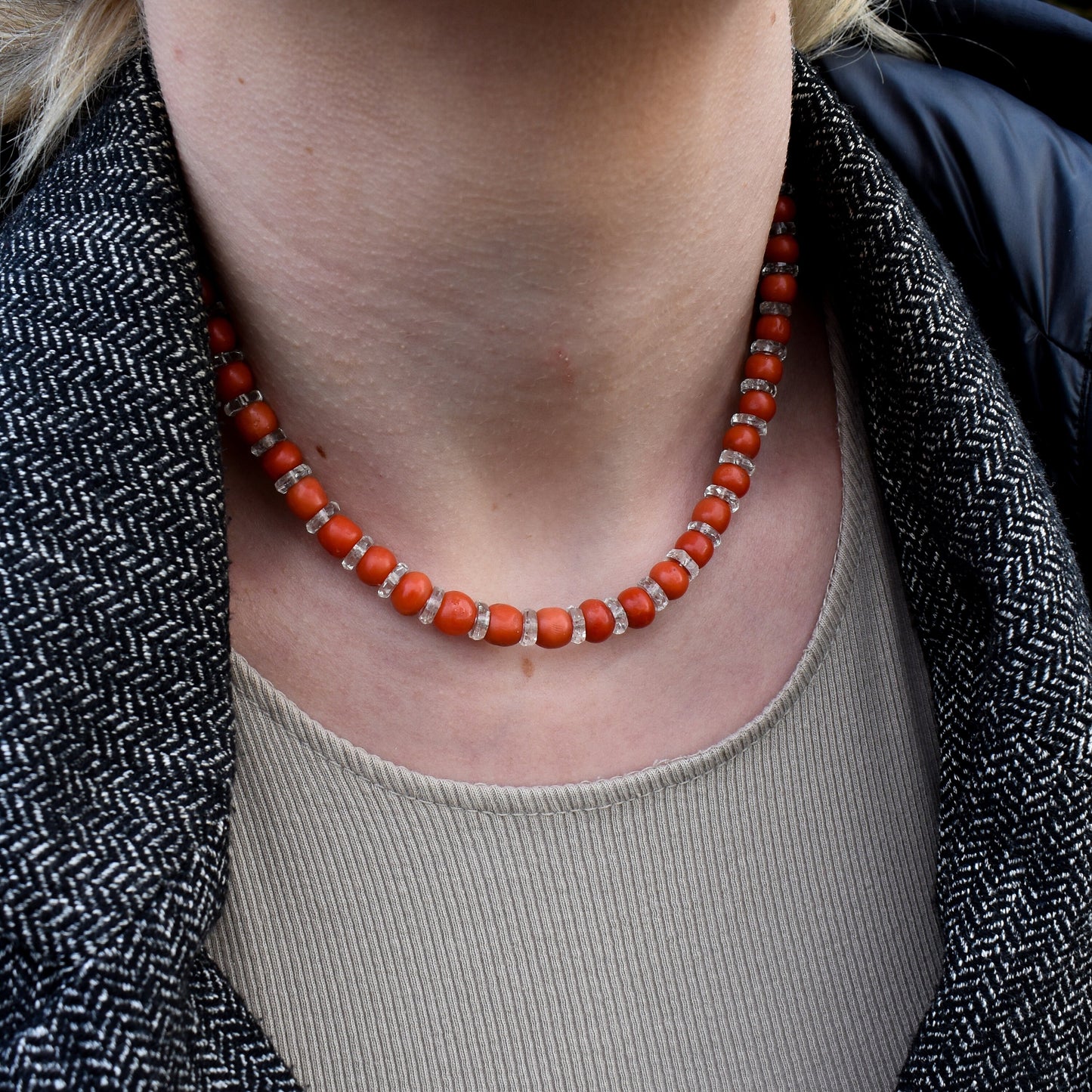 Antique Natural Coral and Rock Crystal Short Beaded Necklace