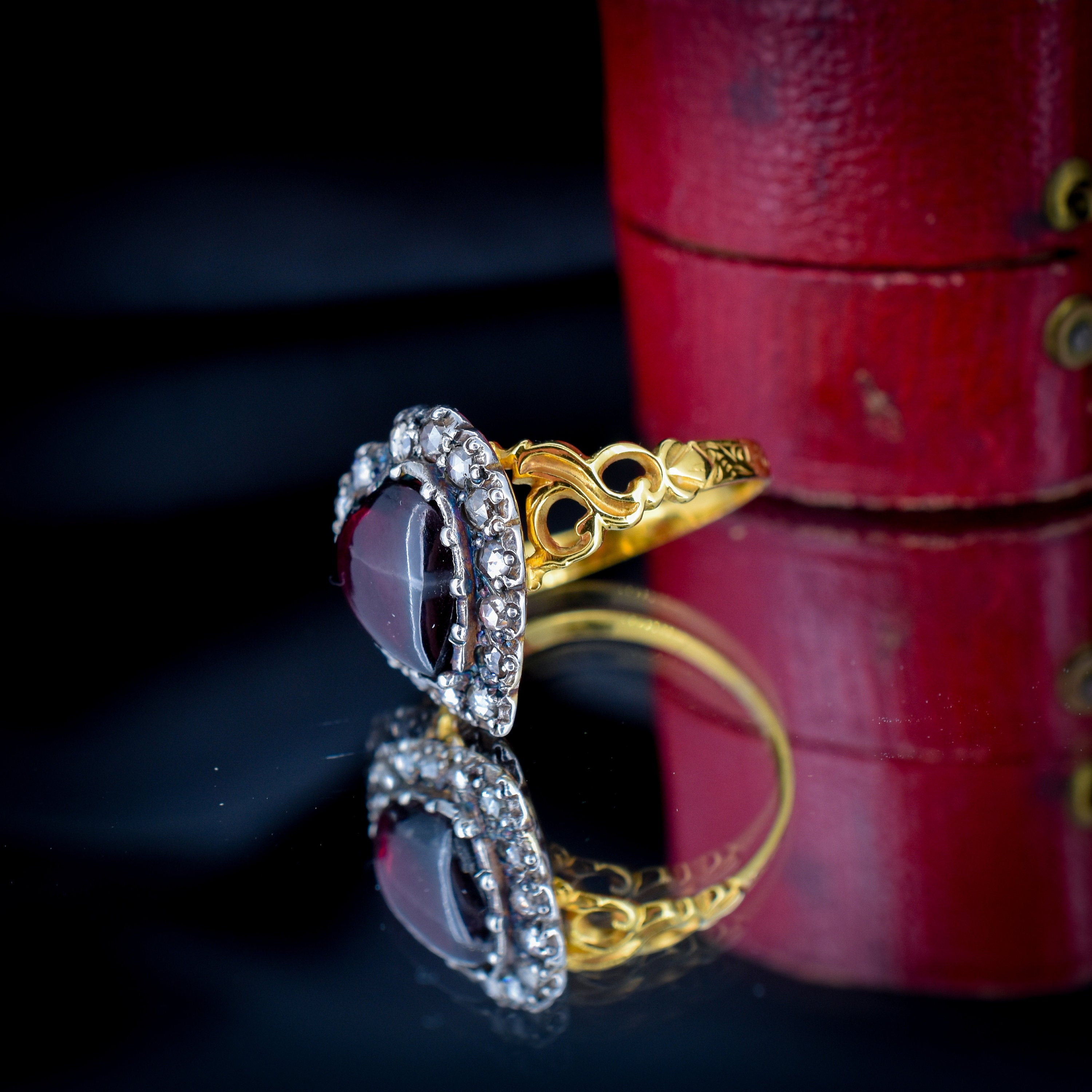 Cabochon Garnet Heart and Rose cut Diamond Halo 18ct Yellow Gold Ring Lancastrian Jewellers