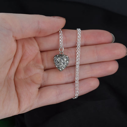 Antique Old Cut Paste Sterling Silver Puffy Heart Pendant and Chain Necklace