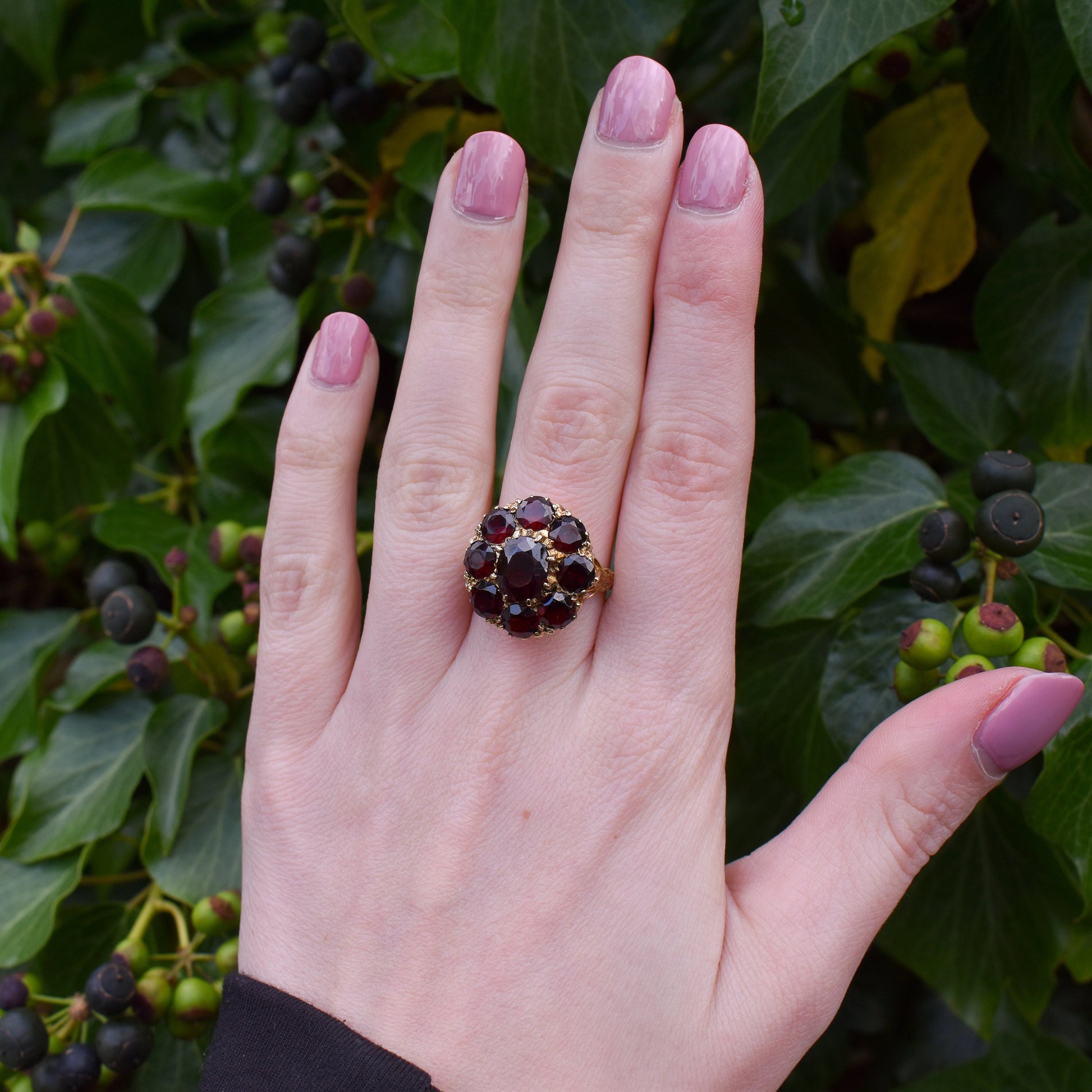 Vintage Garnet Cluster 9ct Gold Statement Ring