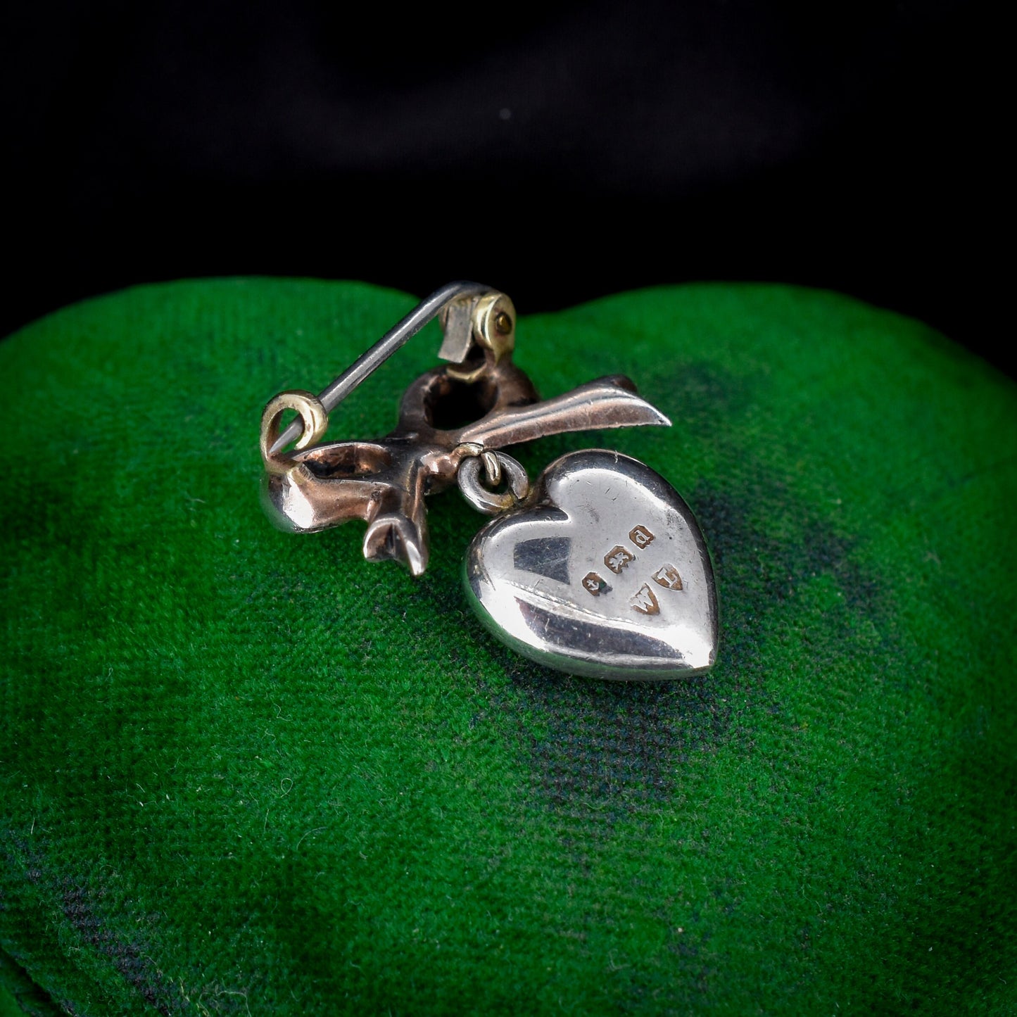 Antique Edwardian Enamel and Paste Silver Heart and Bow Brooch Pin | Dated 1903