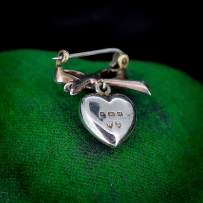 Antique Edwardian Enamel and Paste Silver Heart and Bow Brooch Pin | Dated 1903