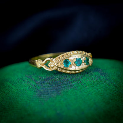 Emerald Trilogy Three Stone 18ct Yellow Gold on Silver Gypsy Ring - Antique Style